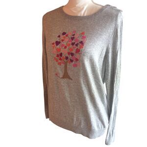 Talbots Womens Fine Knit Sweater Petite L Gray Hearts Round Neck Long Sleeve EUC